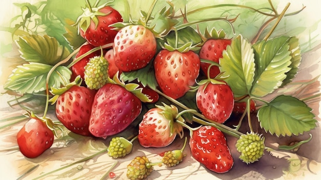 Sappige rode aardbeien met bladeren aquarel illustratie