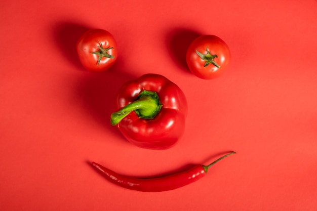 Sappige rode groenten tomaten en chilipepers en paprika's op een helder rood oppervlak