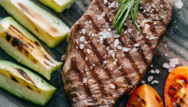 sappige steak medium zeldzaam rundvlees met specerijen en gegrilde groenten