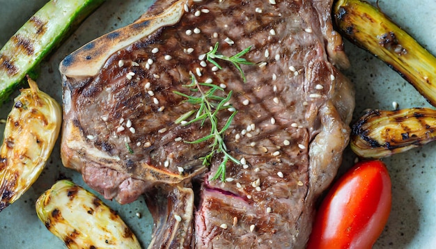 sappige steak medium zeldzaam rundvlees met specerijen en gegrilde groenten