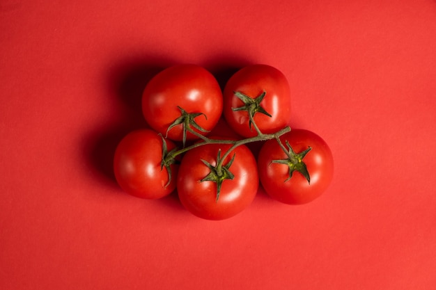 Sappige tomaten op een felrood oppervlak