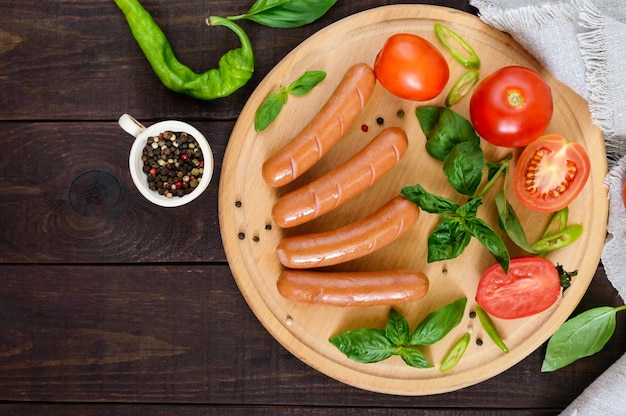 Sappige worstjes met tomaten en basilicum op ronde snijplank op donkere houten tafel