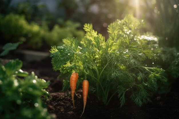 Sappige wortelen die glanzen onder de zon in een weelderige moestuin generatieve IA