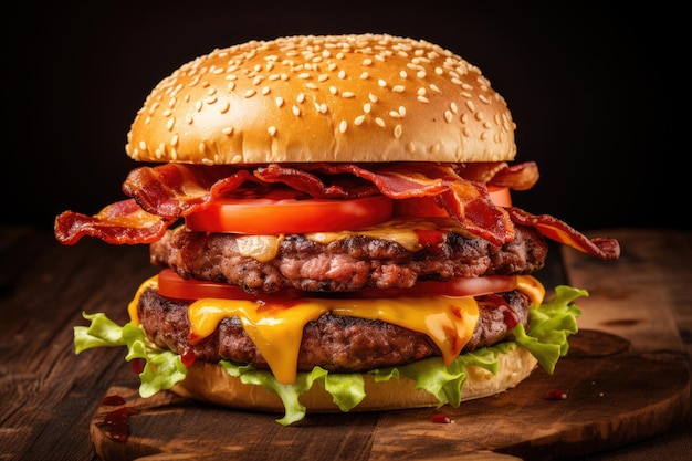 Sappige zelfgemaakte spekburger met rundvleespasteitje en cheddarkaas op een rustieke rode houten tafel snel