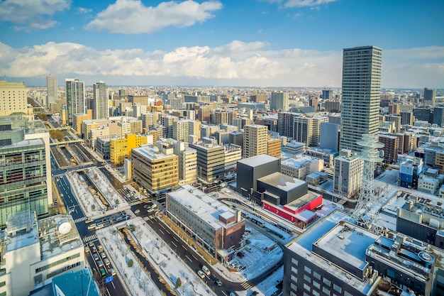 Sapporo city downtown skyline cityscape of Japan sunset