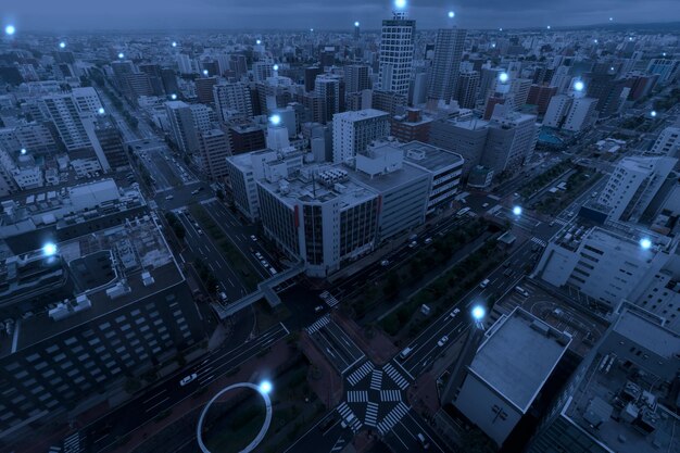 Photo sapporo cityscape business district area on internet spot network concept