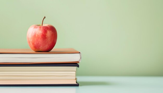 Saprijke appel op stapel schoolboeken op tafel in een licht klaslokaal Studentenwerkplaats met boeken en gezonde snacks voor schoolvakantie Stille leven voor kunstles