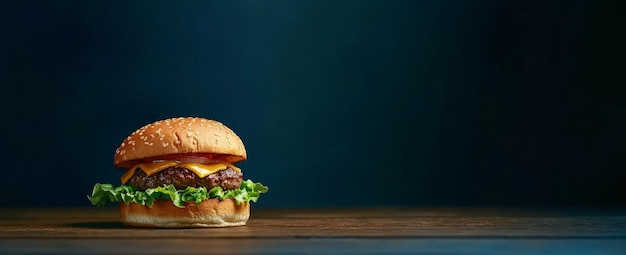 Saprijke cheeseburger op een houten tafel tegen een donkere achtergrond