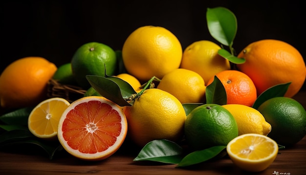 Saprijke citrusvruchten op een houten tafel verfrissende zomer gegenereerd door kunstmatige intelligentie