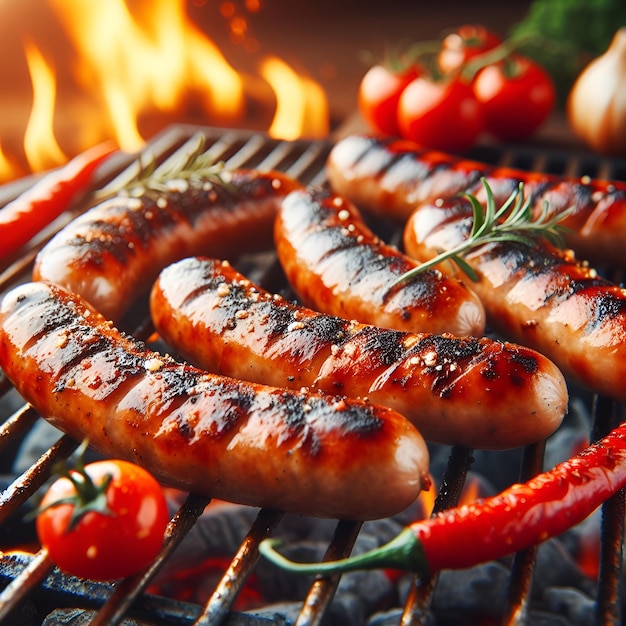 Saprijke worstjes op het oppervlak van de grill met vuur tijdens het koken