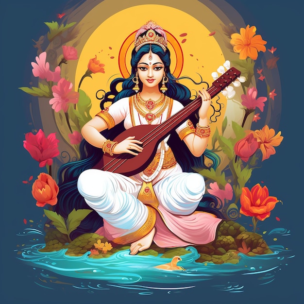 Saraswati devi Goddess Happy Vasant Panchami Indian festival Goddess Maa Saraswati Ai Generated