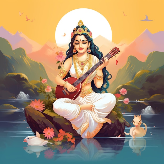 Богиня Сарасвати Деви Счастливый Васант Панчами Индийский праздник Богиня Маа Сарасвати Ай