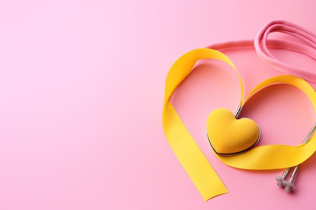 Photo sarcoma bone cancer yellow ribbon with pink heart on yellow background