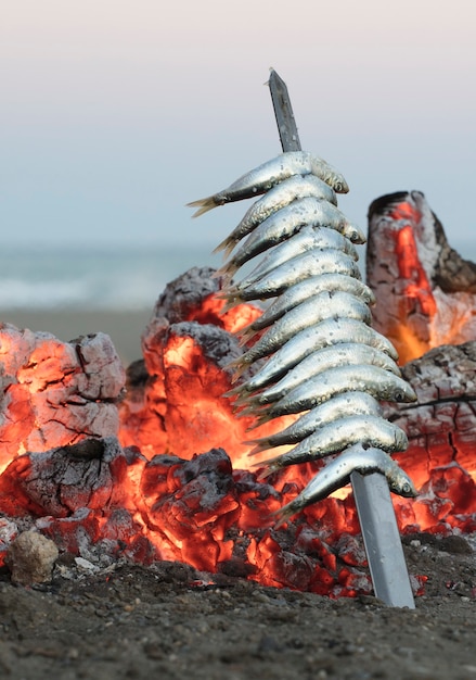 Sardine thickness with fire at sunset typical Malaga city mediterranean food