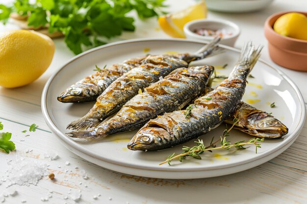 Foto sardines citroen groen en zout op een wit bord op een houten keukentafel middellandse zee keuken