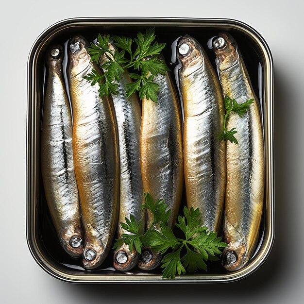 Photo sardines in an open tin can top view isolated on white