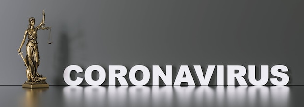 Sars-CoV-2 coronavirus which triggers the lung disease Covid-19 Statue of Justice - Lady Justice or Iustitia / Justitia the Roman Goddess of Justice