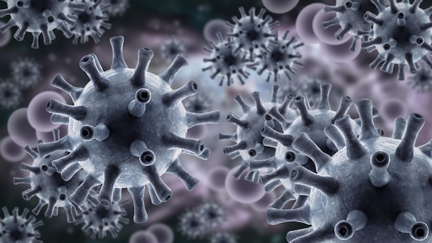 Коронавирус SARSCoV2 в клетке 3d иллюстрация микроскопический вид вирусов короны или гриппа внутри организма Концепция пандемии COVID19