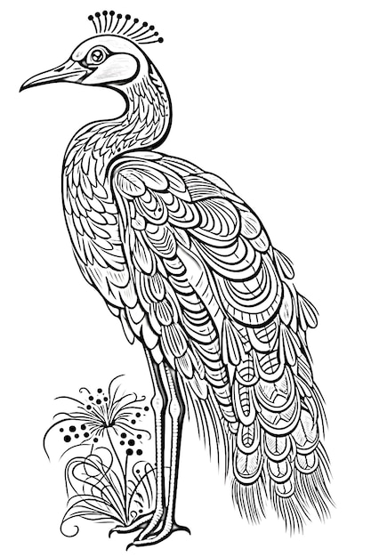 Sarus Crane Coloring Pages with Crisp Lines Mandala Designs on a White Background