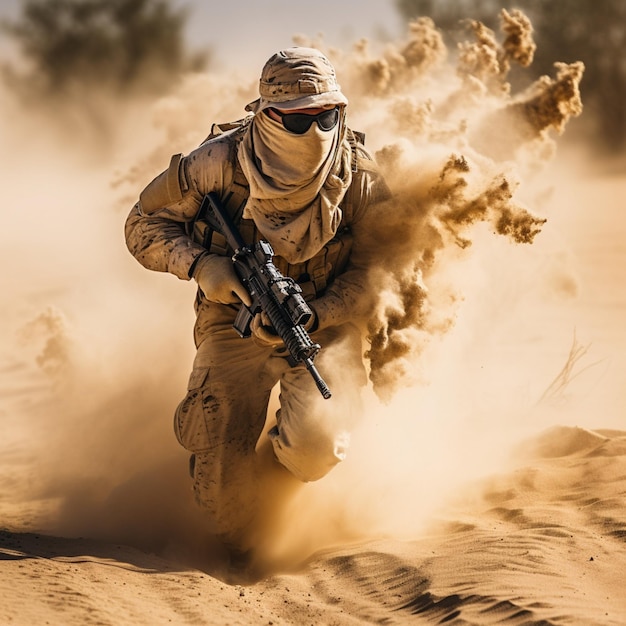 Foto soldato sas che corre nel mezzo di un deserto di sabbia gialla con un fucile