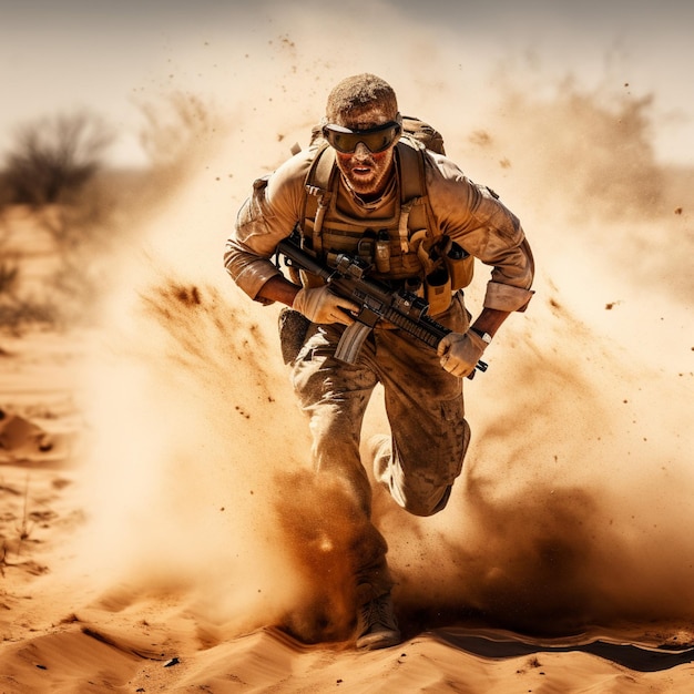 Photo sas soldier runin middle on a yellow sand desert with flaregun
