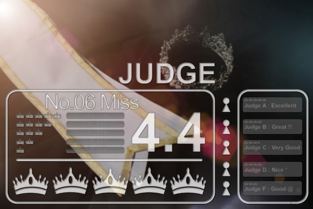 Photo sash diamond crown background of social media screen device for miss beauty pageant queen contest, audience comments popular vote and rating by judge on digital tablet, copy space