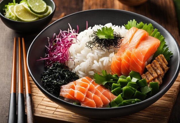 A sashimi bowl with rice seaweed salad ginger