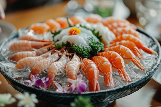 Sashimi platter with shrimp Fresh sashimi set on ice Generative AI