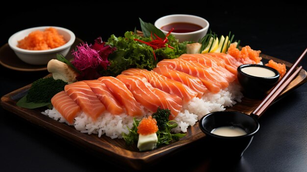 Sashimi salmon platter with sticky sushi rice edams