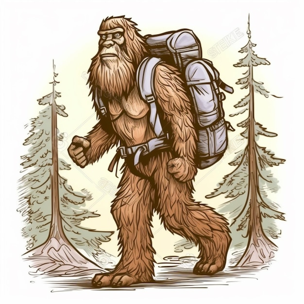 Снежный человек или снежный человек гуляют по лесу с большим рюкзаком.
