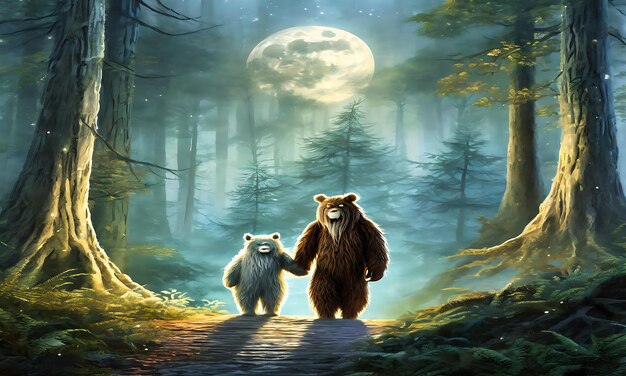 Photo sasquatch and yeti mythical creatures stroll hand in hand through a misty forest shrouded