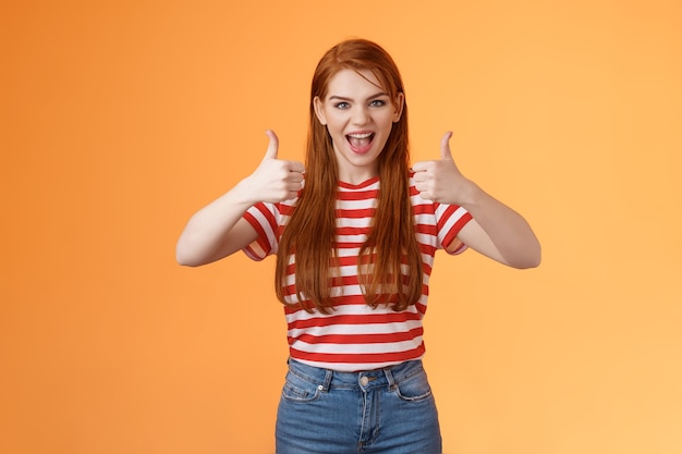 sassy rebellious wild redhead cool girl having fun adore awesome party show satisfactory gesture thu...