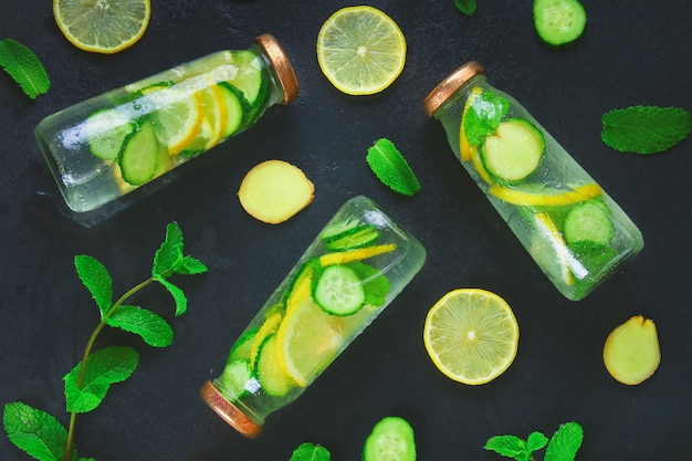 Sassy water. Fresh cool water with cucumber, lemon, ginger and mint. Detox and weight loss.