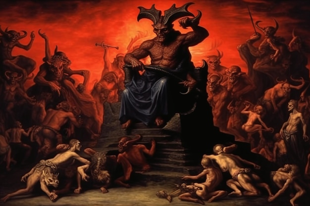 悪魔は地獄にいる 宗教的な悪魔 悪魔の火 罪人の死後の生活 人工知能が生成した ヘッダーのバナーモックアップ