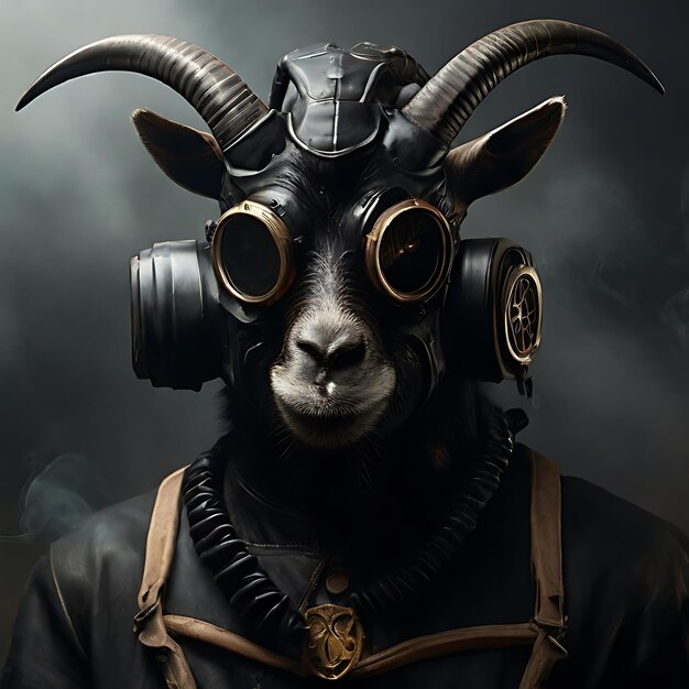 Satanic black goat using a gas mask generated by AI