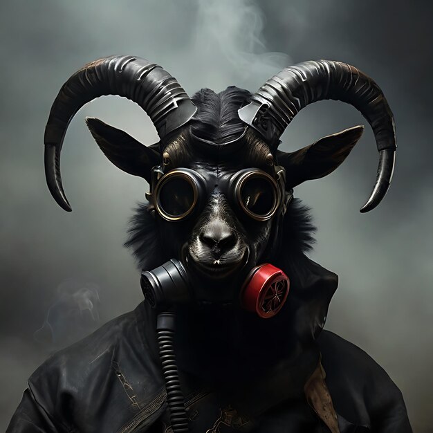 Satanic black goat using a gas mask generated by AI