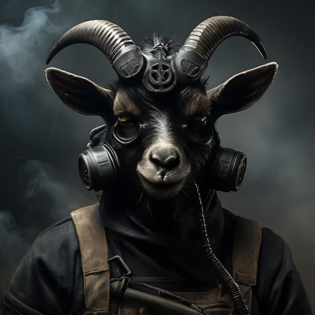 Satanic black goat using a gas mask generated by AI