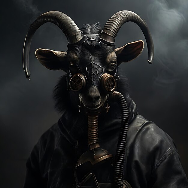 Satanic black goat using a gas mask generated by AI