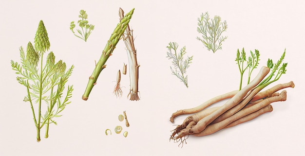 Satavari (Asperges Racemosus). Botanische illustratie op wit papier. De beste geneeskrachtige planten.