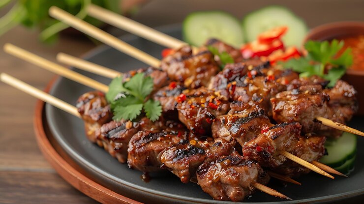 Foto satay gespoten en gegrilde vlees geserveerd met pittige salade komkommer chili en soja saus generatieve ai