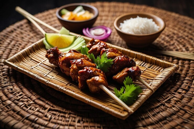 Foto sate ayam op een geweven bamboe plaat