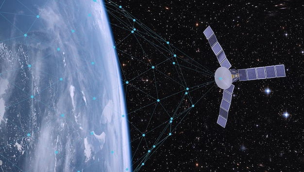 Satellietcommunicatienetwerk dat de hele wereld bestrijkt en elementen van dit beeld weergeeft...