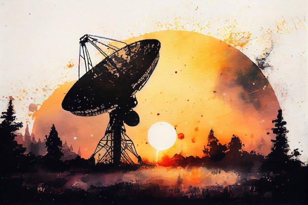 Satellite dish silhoette on sunset background watercolor oil painting effect Generative Ai