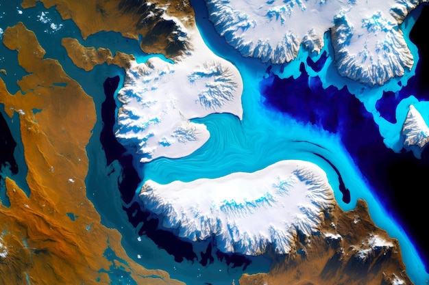 Satellite image of glacier and adjacent mountain range with floating giant icebergs