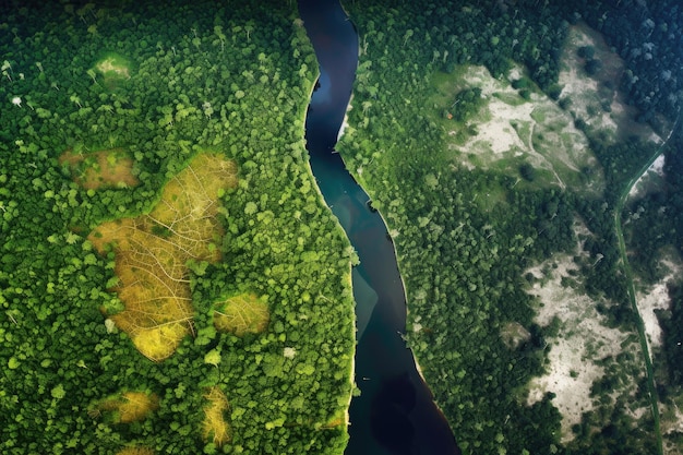 Photo satellite image of shrinking rainforest area over time created with generative ai
