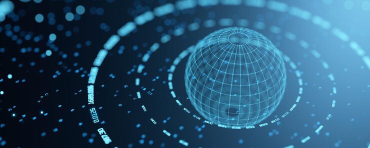 Photo satellite internet big data wireless connection blockchain technology network structure background artificial intelligence machine learning data background 3d rendering