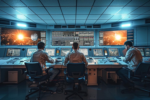 Satellite Launch Control Room Ingenieurs in een controlekamer die toezicht houden op een satellietlancering