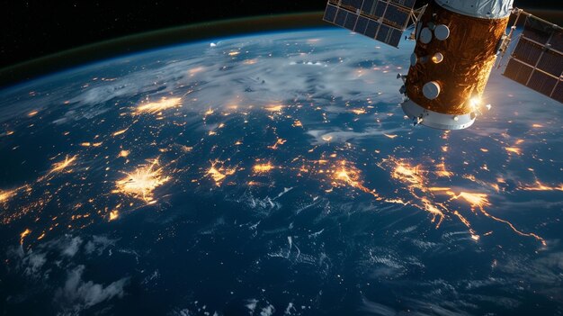 Photo satellite orbiting earth with a view of the background image