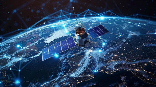 Foto satellite sopra il pianeta terra rete di hologrammi blu delle telecomunicazioni