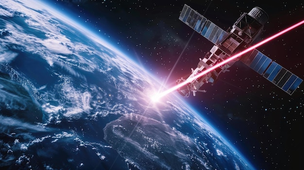 우주에서 지구 위로 위성 레이저를 는 우주 기술 테마의 디지털 예술